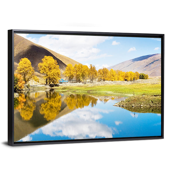 Autumn Mountain Lake with Golden Trees Canvas Wall Art