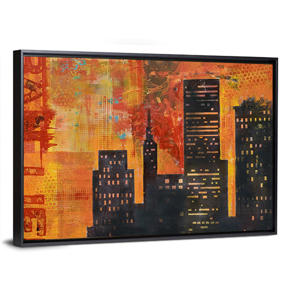 Abstract Urban Skyline with Stenciled Text Canvas Wall Art in black, orange and yellow, framed canvas, product view on a white background