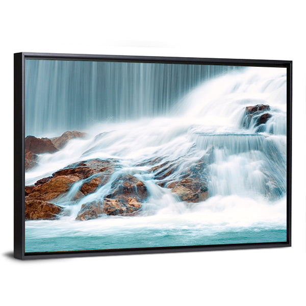 Ningbo Waterfall In China Canvas Wall Art in white, brown and blue, framed canvas, product view on a white background