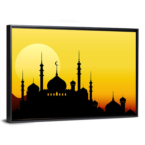 Ramadan Mosque Silhouette with Golden Sun Canvas Wall Art in black, orange and yellow, framed canvas, product view on a white background