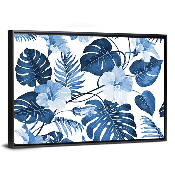 Navy Blue Tropical Leaves Pattern Canvas Wall Art