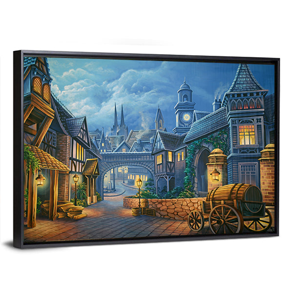 Twilight Medieval Village Through Stone Archway Canvas Wall Art