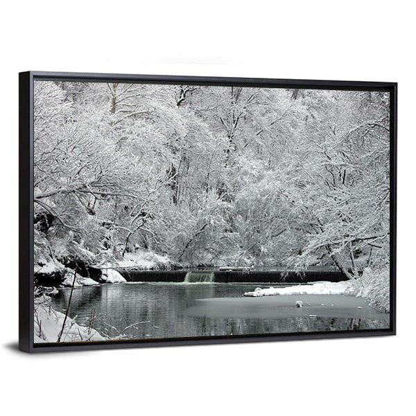 Snow Covered Fairmount Park In Philadelphia Canvas Wall Art in black, white and gray, framed canvas, product view on a white background