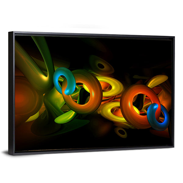 Colorful 3d Interlocking Rings Canvas Wall Art in black and multicolor, framed canvas, product view on a white background