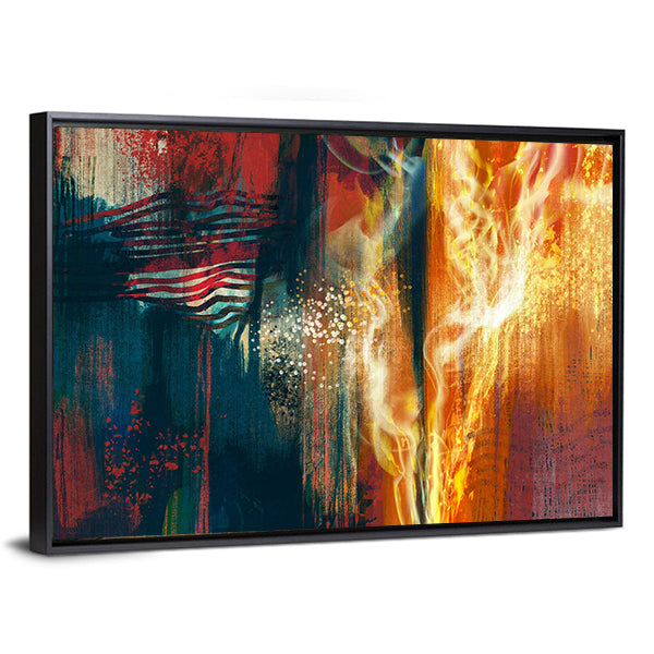 Abstract American Flag in Flames Canvas Wall Art