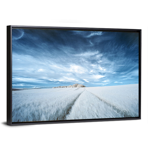 White Field with Parallel Tire Tracks Canvas Wall Art in white and blue, framed canvas, product view on a white background