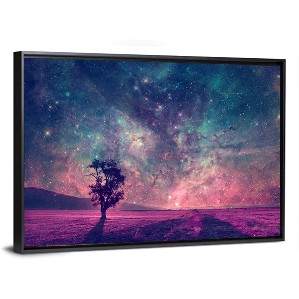 Alien Planet Nebula Silhouette Canvas Wall Art in blue, purple and pink, framed canvas, product view on a white background