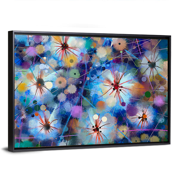 Abstract Watercolor Floral with Starburst Motifs Canvas Wall Art in blue and multicolor, framed canvas, product view on a white background