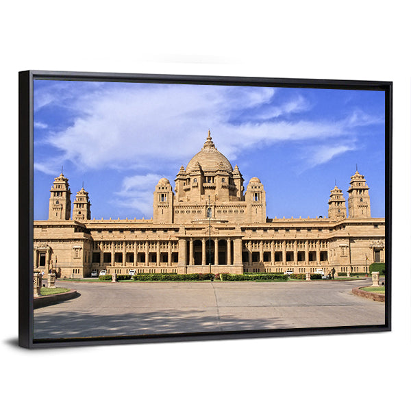 Umaid Bhawan Palace, Jodhpur Canvas Wall Art in beige, brown and blue, framed canvas, product view on a white background