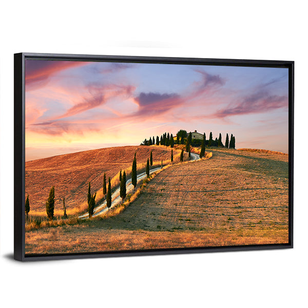 Hilltop Villa with Cypress Road at Sunset Canvas Wall Art in brown, orange and purple, framed canvas, product view on a white background