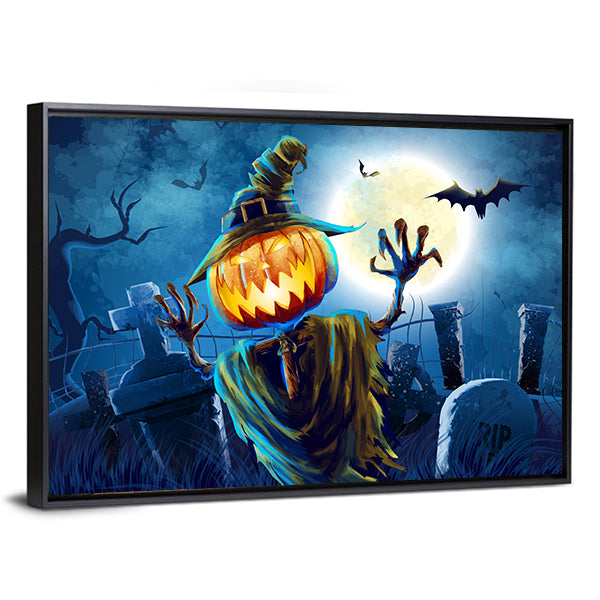 Pumpkin-headed Monster in Graveyard Canvas Wall Art in orange, yellow and blue, framed canvas, product view on a white background