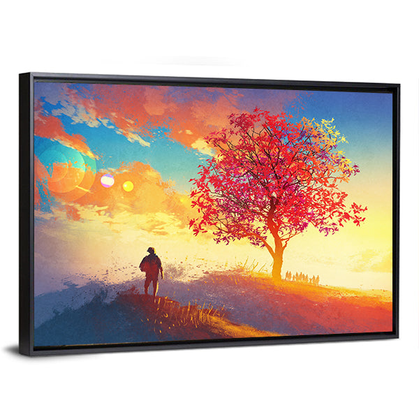 Man Standing Alone In Autumn Mountains Canvas Wall Art