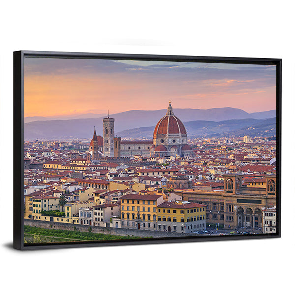Florence City At Sunset Canvas Wall Art in brown, orange and blue, framed canvas, product view on a white background