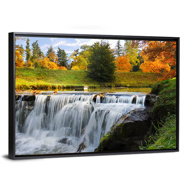 Scenic Cascades Waterfall Canvas Wall Art in white, orange and green, framed canvas, product view on a white background