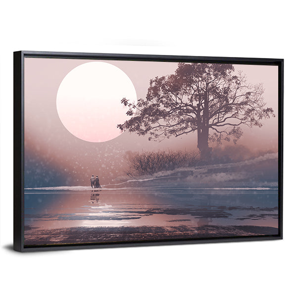 Love Couple Under Moon Canvas Wall Art