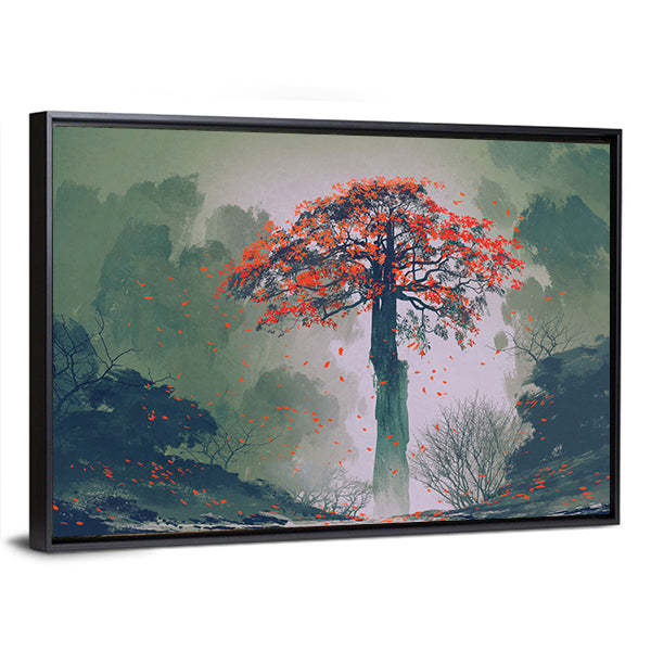 Misty Red Tree in Autumn Forest Canvas Wall Art