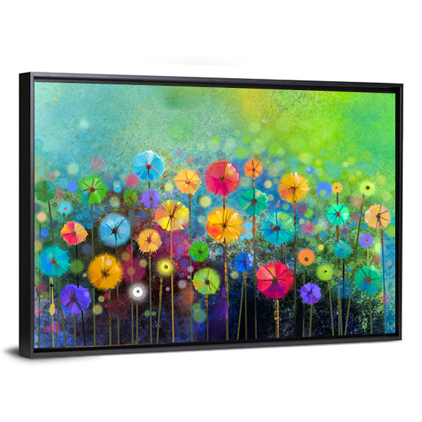 Watercolor Abstract Floral Field Canvas Wall Art in green, blue and multicolor, framed canvas, product view on a white background