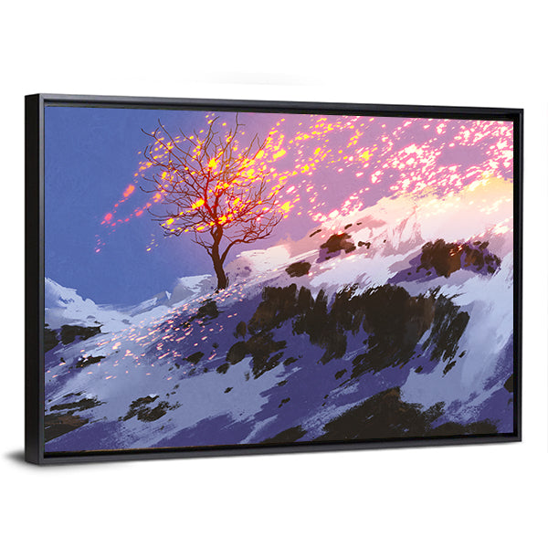 Lone Tree with Glowing Sparks at Twilight Canvas Wall Art