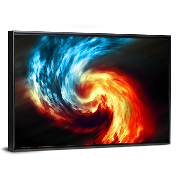Twilight Smoke Vortex Canvas Wall Art in red, orange and blue, framed canvas, product view on a white background