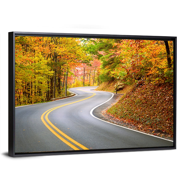 Winding Road Through Fall Forest In Appalachian Mountains Canvas Wall Art in gray, orange and yellow, framed canvas, product view on a white background