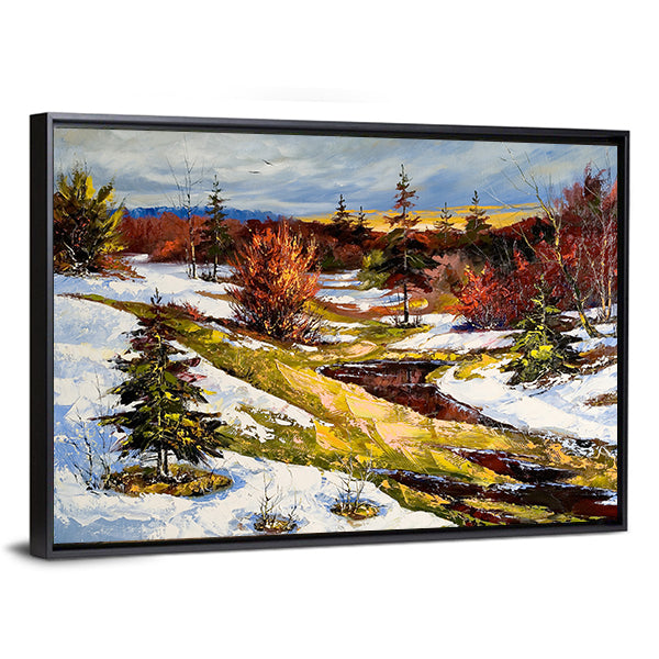 Snowy Stream at Sunset Canvas Wall Art