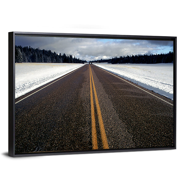 Straight Strip Of Road In Winter Canvas Wall Art