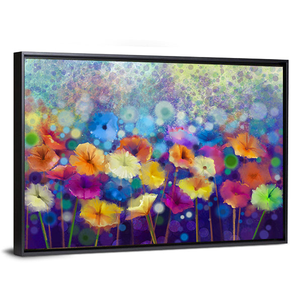 Colorful Watercolor Floral Meadow Canvas Wall Art in blue, purple and multicolor, framed canvas, product view on a white background