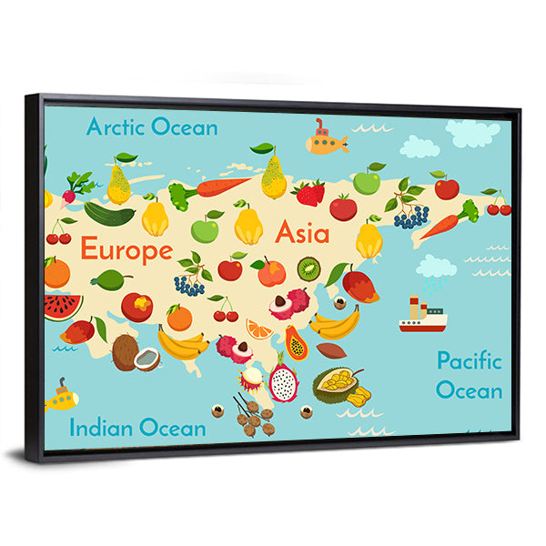 Fruit World Map Canvas Wall Art in beige, blue and multicolor, framed canvas, product view on a white background