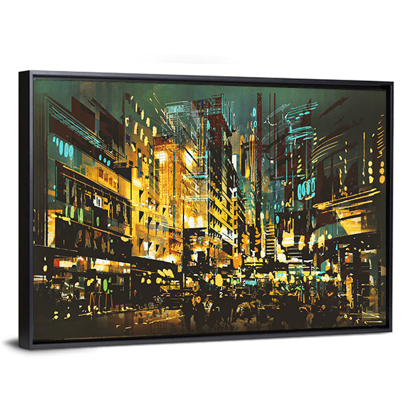 Abstract Night Cityscape with Golden Lights Canvas Wall Art in black, gold and yellow, framed canvas, product view on a white background