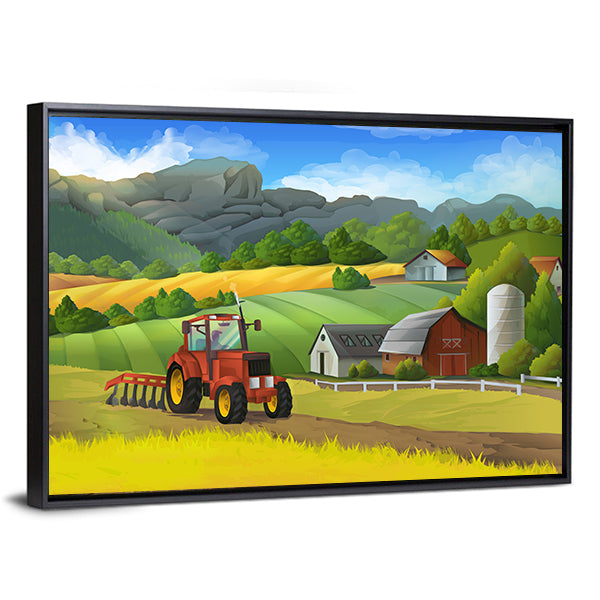 Red Tractor on Sunny Farm Landscape Canvas Wall Art