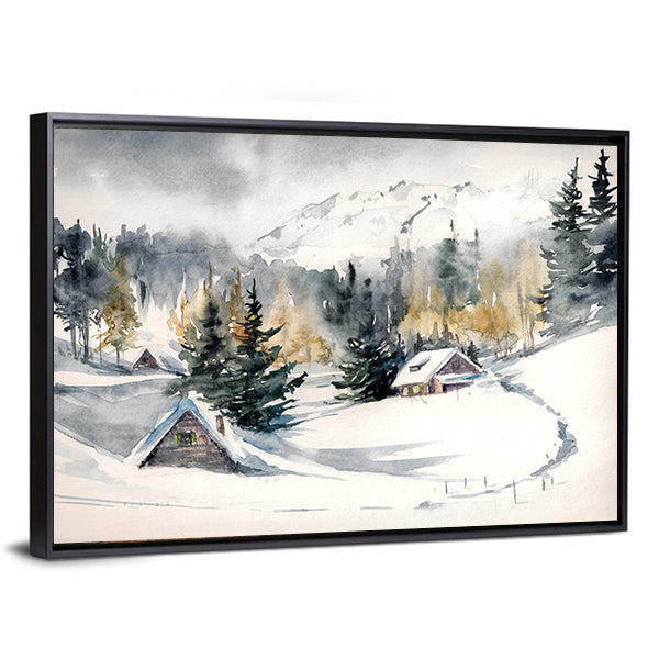 Snowy Mountain Village Canvas Wall Art