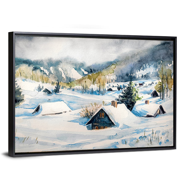 Snowy Mountain Village Canvas Wall Art