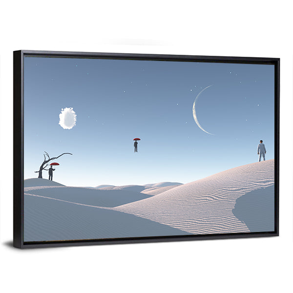 Floating Man with Umbrella in Surreal Desert Canvas Wall Art