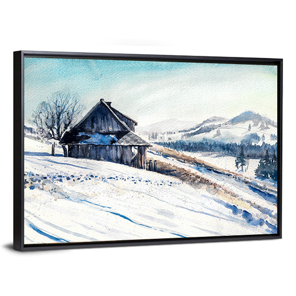 Small House In Winter Mountains Canvas Wall Art