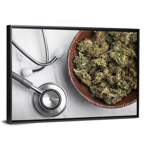 Medical Marijuana Buds with Stethoscope Canvas Wall Art in gray, brown and green, framed canvas, product view on a white background