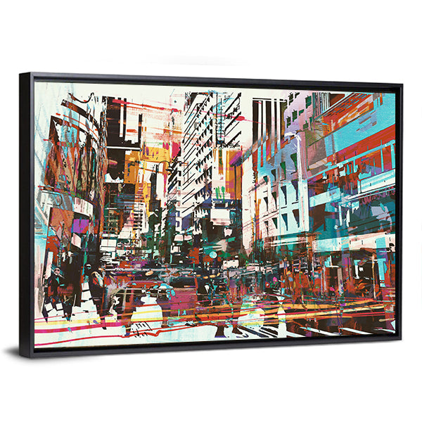 Energetic Abstract Cityscape in Cyan and Red Canvas Wall Art