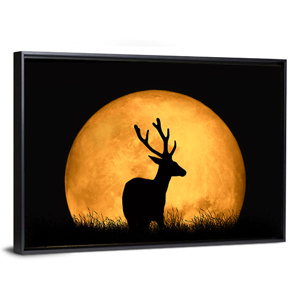 Deer Silhouette With Large Moon Canvas Wall Art