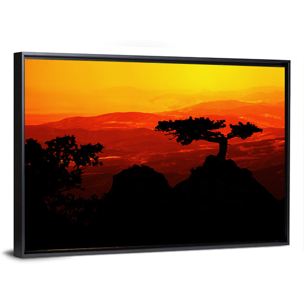 African Jungle Sunset Canvas Wall Art in black, orange and yellow, framed canvas, product view on a white background