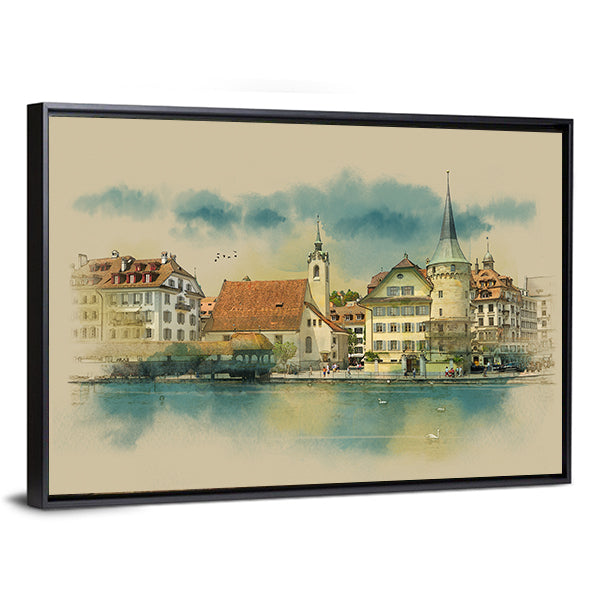 Sketch Of Lucerne Town In Switzerland Canvas Wall Art in beige, yellow and blue, framed canvas, product view on a white background