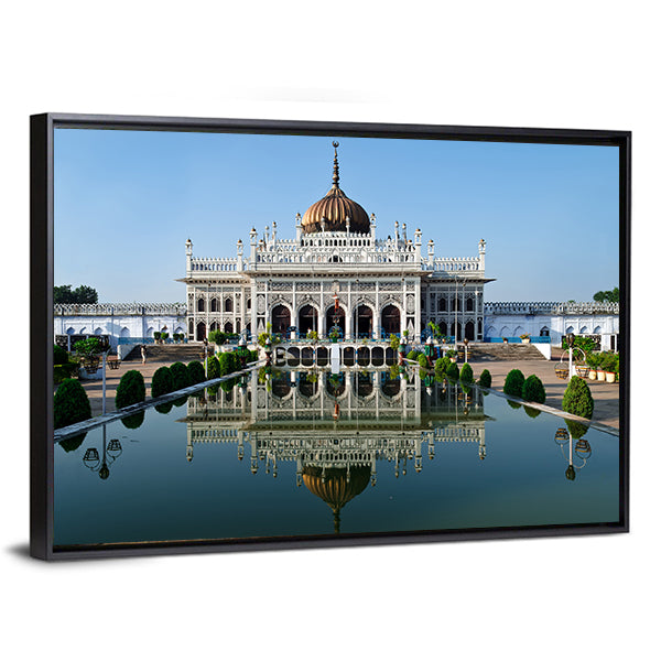 Chota Imambara in Lucknow Canvas Wall Art in white, gold and blue, framed canvas, product view on a white background