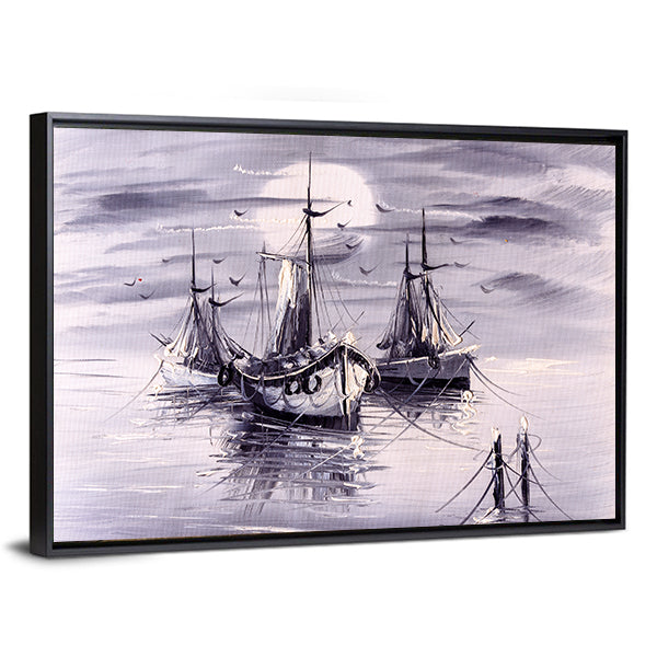Moonlit Sailing Ships with Purple Reflections Canvas Wall Art