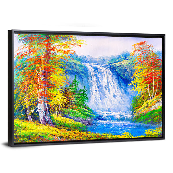 Autumn Waterfall with Colorful Foliage Canvas Wall Art