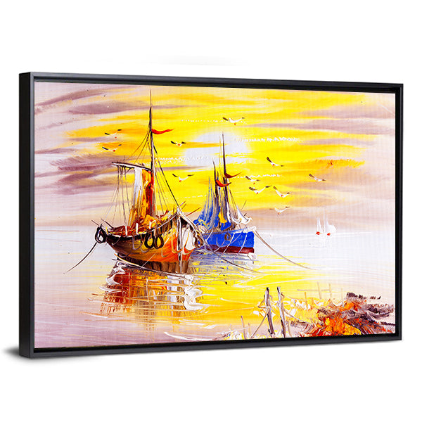Boats With Sunset Canvas Wall Art