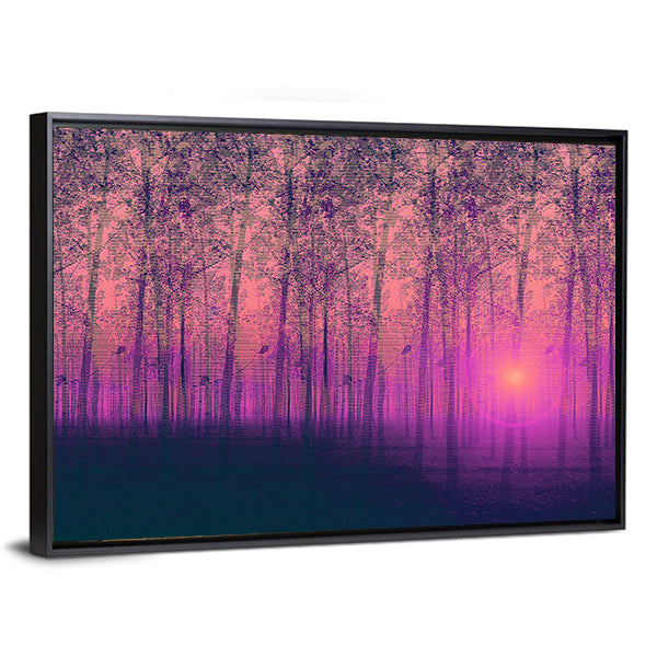 Foggy Poplar Trees Canvas Wall Art in black, purple and pink, framed canvas, product view on a white background