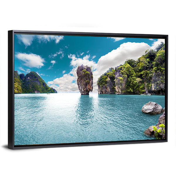 Thailand Sea And Phuket Island Canvas Wall Art in white, green and blue, framed canvas, product view on a white background