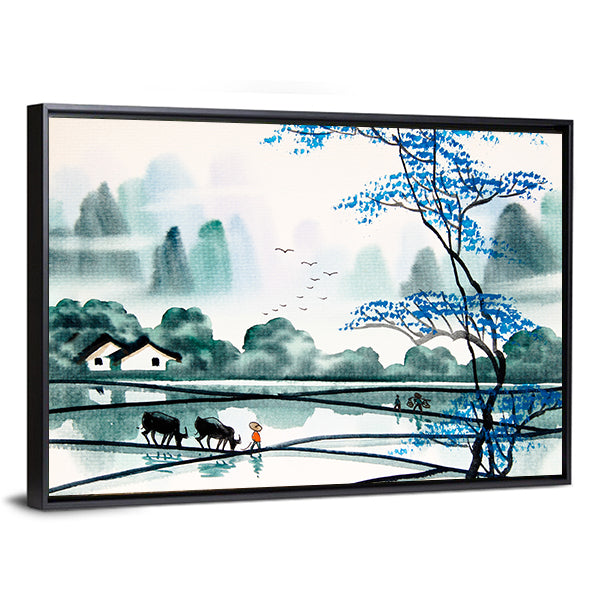Misty Chinese Watercolor Landscape Canvas Wall Art