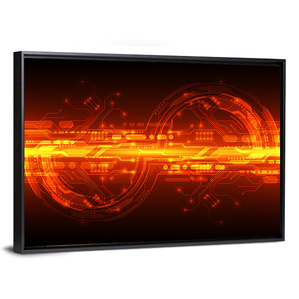 Orange Glowing Circuit Board Interface Canvas Wall Art in black, orange and yellow, framed canvas, product view on a white background