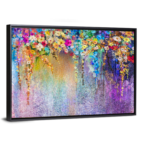 Cascading Watercolor Floral Abstract Canvas Wall Art in blue, purple and multicolor, framed canvas, product view on a white background