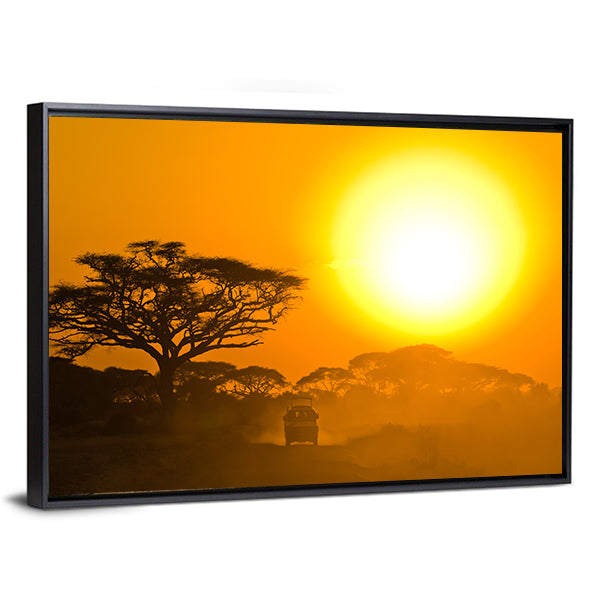 Safari Jeep Driving Through Savannah In The Sunset Africa Canvas Wall Art