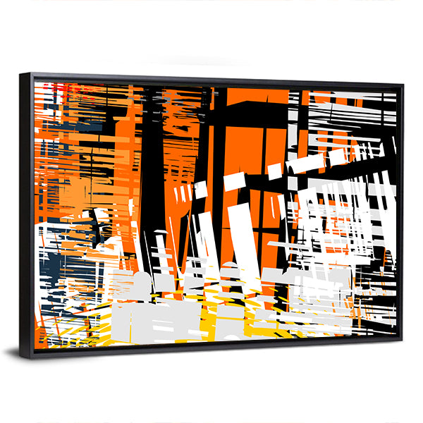 Gradient Grunge Abstract with Geometric Layers Canvas Wall Art in black, white and orange, framed canvas, product view on a white background
